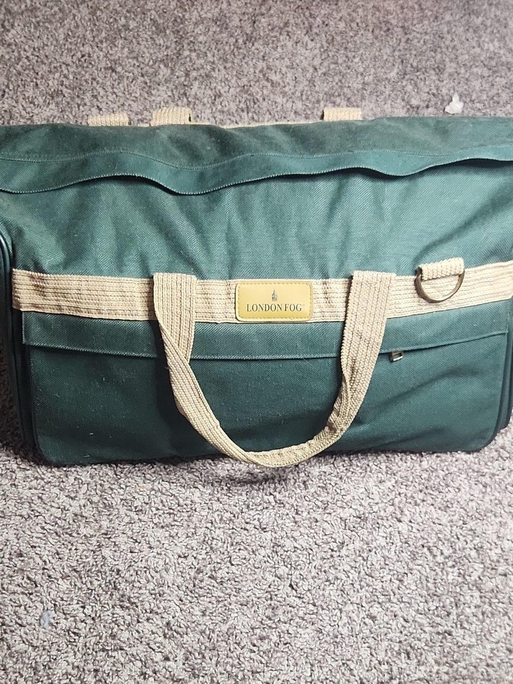 London Fog Green Canvas Duffel Bag with Tan Straps